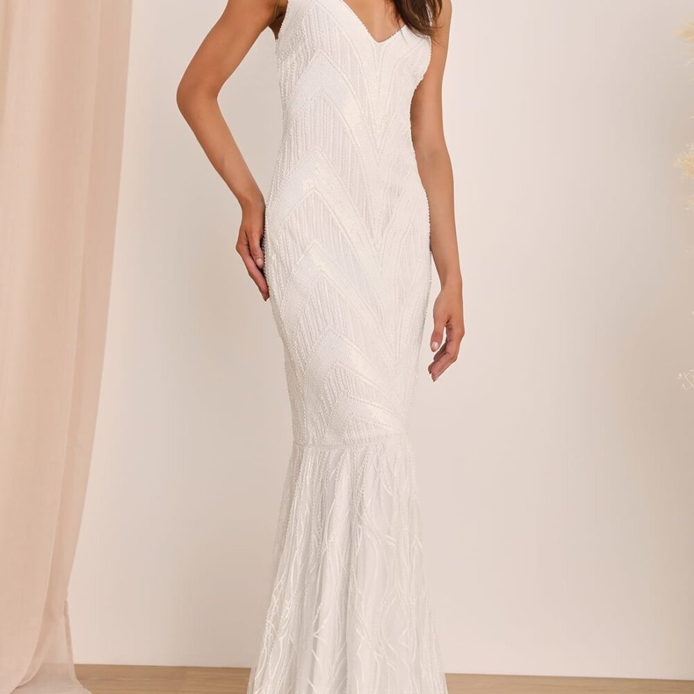 NWT Lulu's Favorite Promise White Sequin Sleeveless Mermaid Maxi Dress